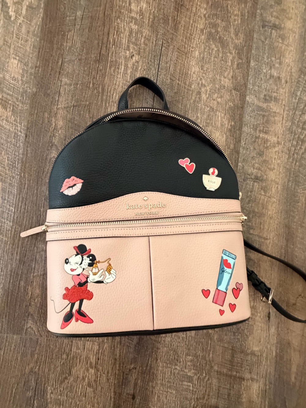 kate spade Pink & Black Minnie Mouse Leather Backpack with Heart Accents